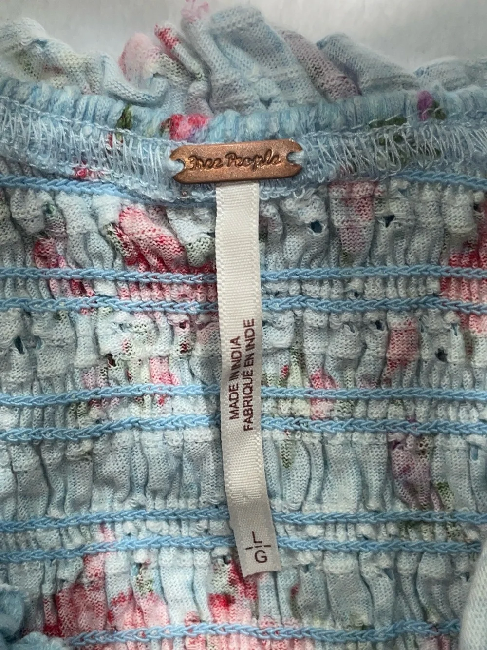 Free People Light Blue Floral Ruffle Smocked Blouse